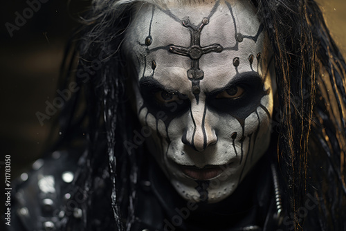 Portrait of a man, black metal metalhead in makeup with long hair photo