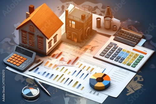 The layout of the house, money, graphics. an inflationary crisis due to an increase in the interest rate affecting the buyer of the house. Mortgage loan, financial concept photo