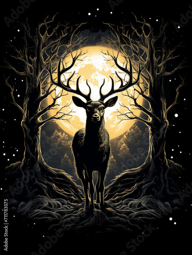 T-shirt design  a mesmerizing interplay of shadow and light that forms a hidden forest within the silhouette of a majestic deer created with Generative Ai