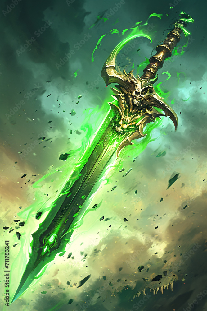 blade made out of pure green demon magic with an hilt made of bronze