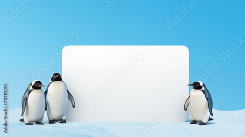 Cute penguins holding a plain white blank sign with space for your text. Penguins with blank sign on a blue background.