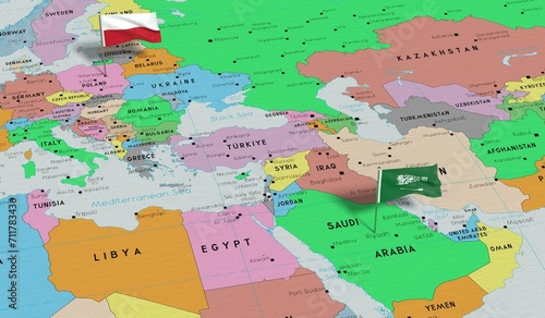 Poland and Saudi Arabia - pin flags on political map - 3D illustration