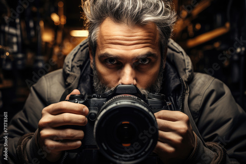 Professional photographer paparazzi journalist with camera photo