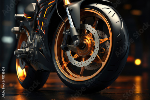 Sports motorcycle wheel close up photo