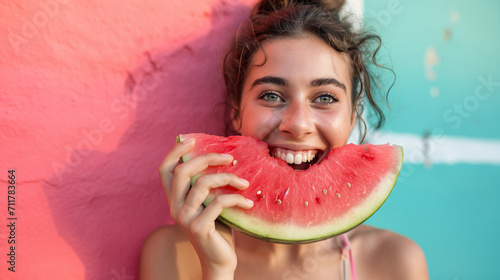 Lächelnde Frau mit Melone an einem heißen Sommertag photo