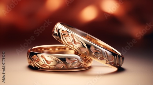 Two gold wedding rings on a tabl