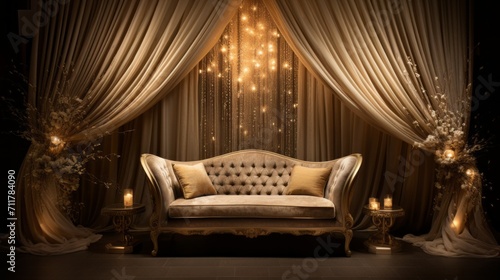 Cozy couch in front of a window with elegant curtains