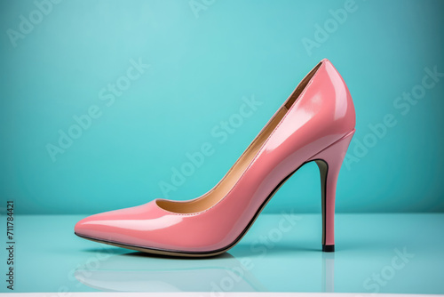 Elegant women's shoes with high heels on a background of a blue wall. Copy space for text