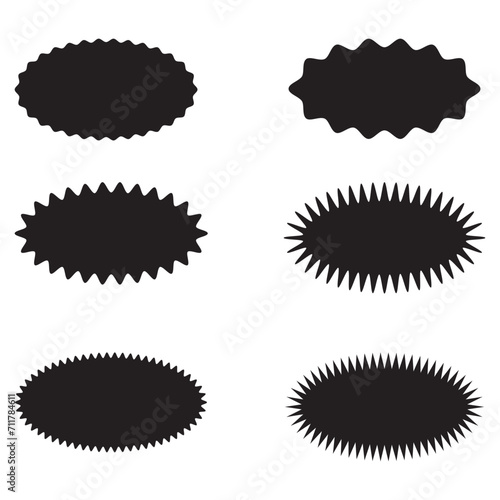 Set of Wavy edge oval shapes and icon. Zigzag Edge oval Shapes, Icon, badge, label collection. Six oval symbols with jagged edges. vector illustration.