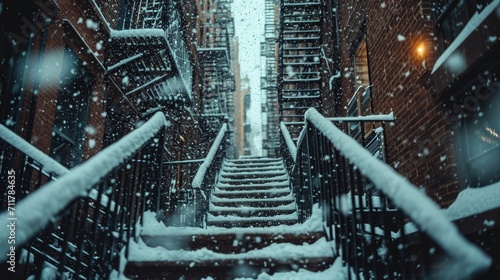 Snowbound Alleys, Close-Up of Fire Escape Stairs Laden with Snow, Old Brick Buildings in Soft Focus, Highlighting the Overlooked Corners of the City in Winter. photo