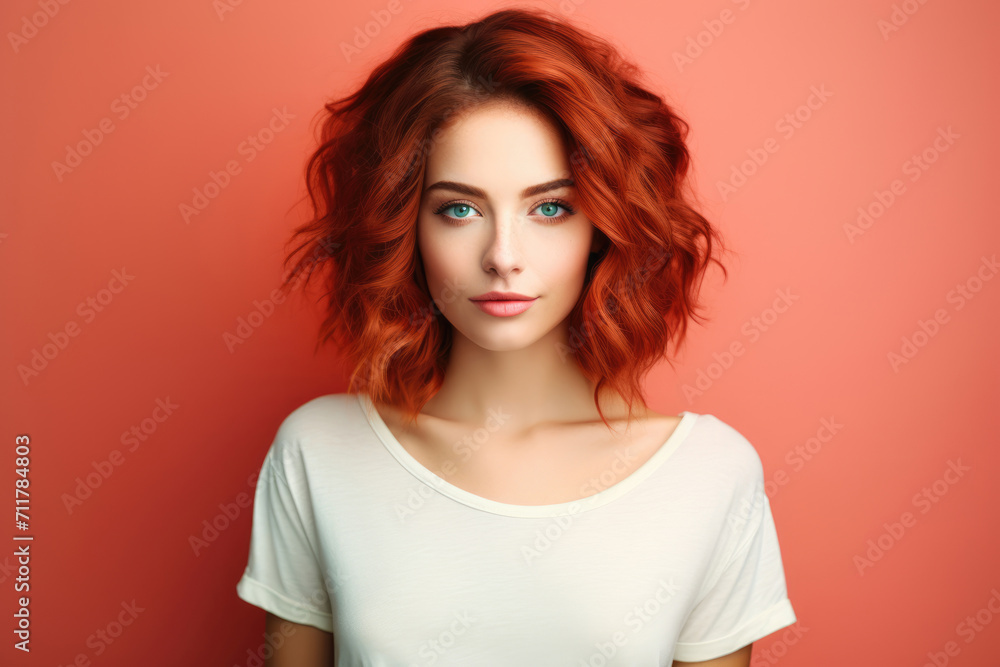 Beautiful girl with long hair in a white T-shirt on a plain background Beautiful girl with long hair in a white T-shirt on a plain background