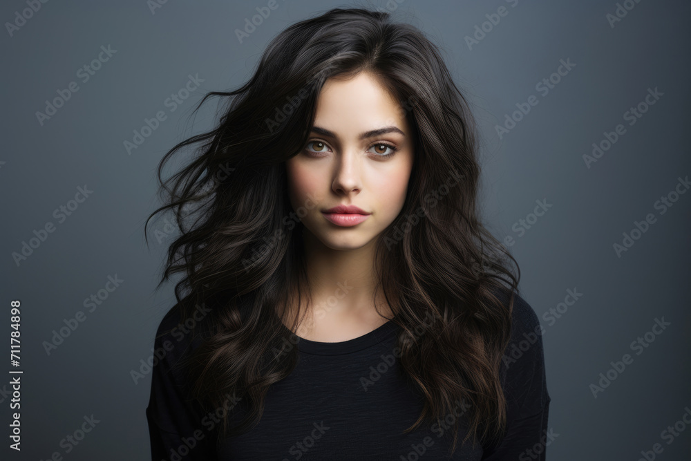 Naklejka premium Portrait of a beautiful brunette woman with long hair on a gray background