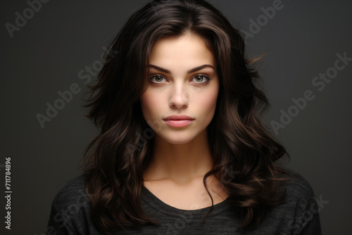 Portrait of a beautiful woman with dark hair on a gray background