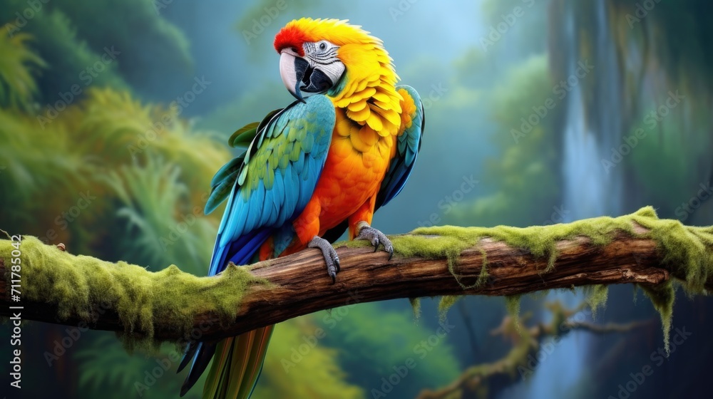 Macaw parrot sits on a branch in the wild