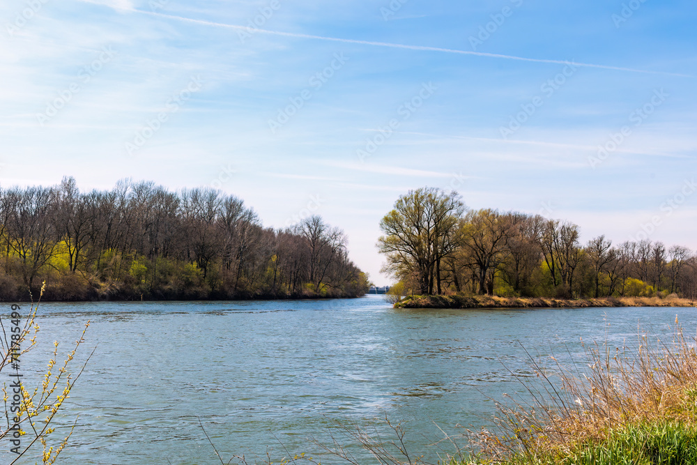 Confluence of the Lech into the Danube near Marxheim in Bavaria on a sunny spring day Confluence of the Lech into the Danube near Marxheim in Bavaria on a sunny spring day