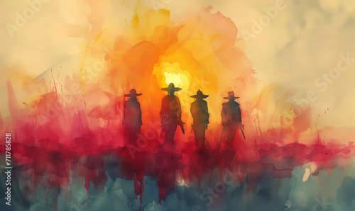 watercolor illustration of mexican pistoleros walking during sundown