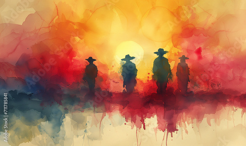 watercolor illustration of mexican pistoleros walking during sundown photo