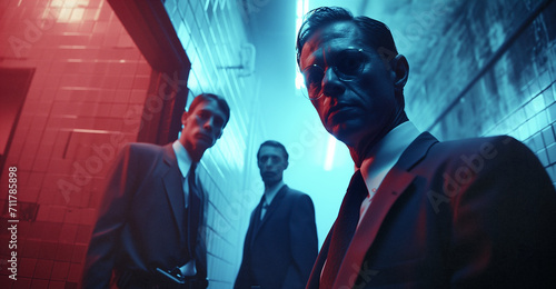 three men in business suits in a dramatic pose with cinematic lighting photo
