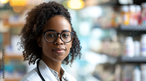 African American female pharmacist against the background of blurred shelves with medicines. Healthcare and medicine background