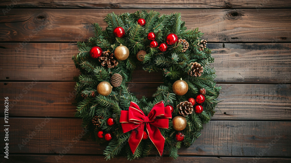 Christmas wreath made of pine fir branches on a wooden background, decorated with red and gold balls and a bow Christmas wreath made of pine fir branches on a wooden background, decorated with red and gold balls and a bow
