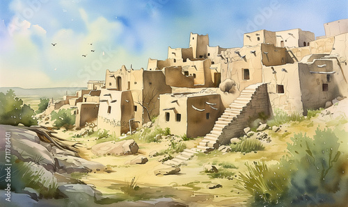 painting of an ancient adobe pueblo in the American southwest photo