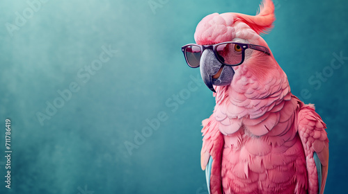 Stylish Pink Parrot with Sunglasses on Blue Background