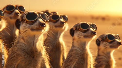 Meerkats with Aviator Goggles at Sunset photo