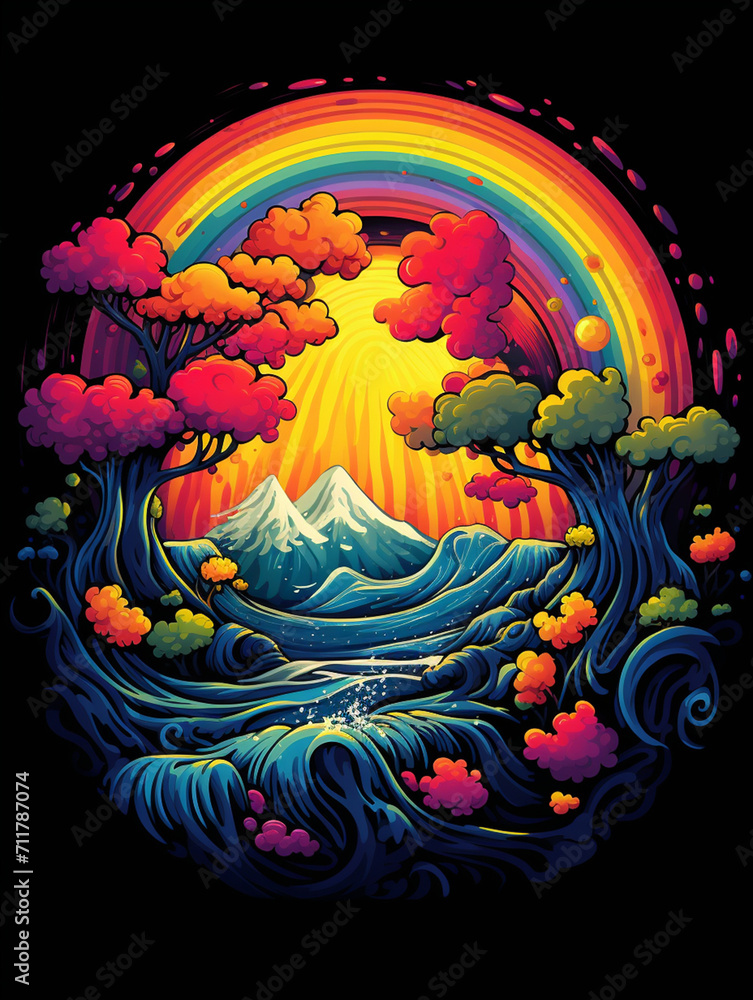 T-shirt design, a vibrant design of a rainbow, but each color transforms into a different weather phenomenon created with Generative Ai T-shirt design, a vibrant design of a rainbow, but each color transforms into a different weather phenomenon created with Generative Ai