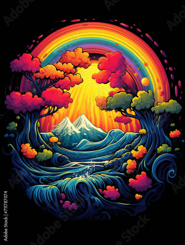 T-shirt design  a vibrant design of a rainbow  but each color transforms into a different weather phenomenon created with Generative Ai