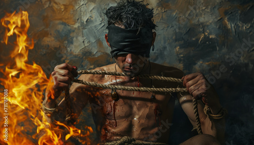 A magician man tied with ropes is on fire, a hostage is locked up.