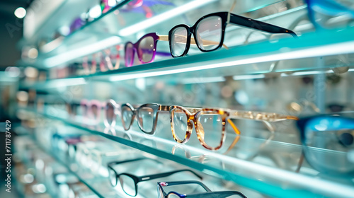 Spectacle optics shop, Fashion glasses on display on the shelf of the optical store mall photo
