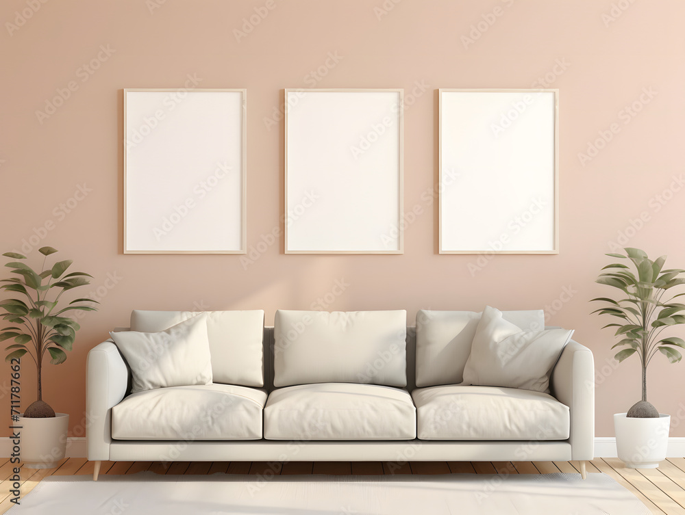 Three blank frames mockup hang in a living room Three blank frames mockup hang in a living room