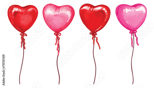 Watercolor heart balloons in red and pink colors for Valentine,  love, wedding and romantic designs 