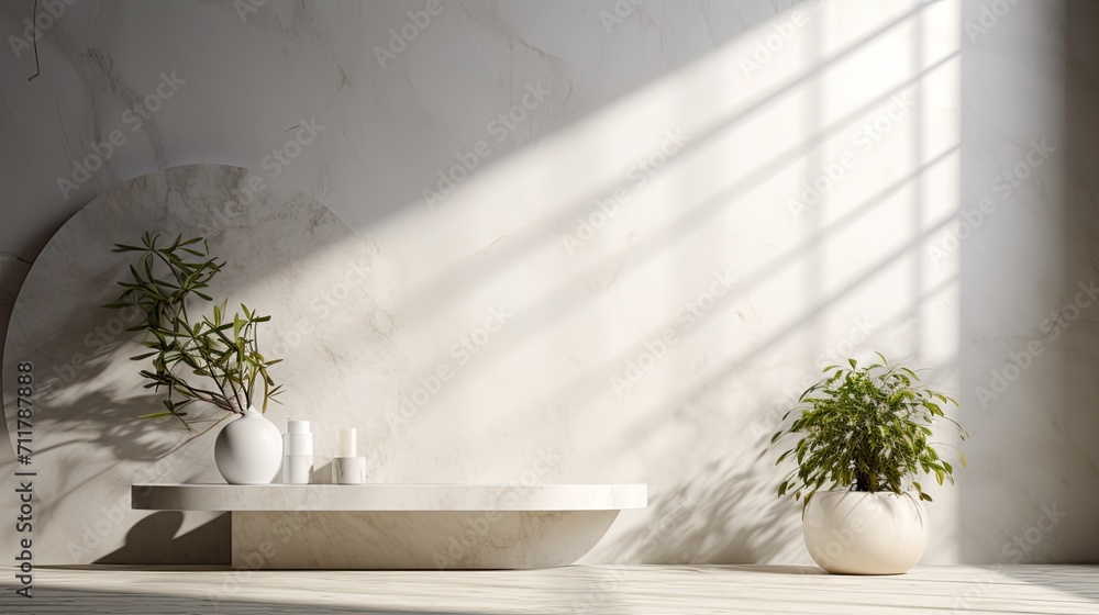 an empty marble podium on a bathroom table set before a white brick wall, a composition a minimalist modern style. an empty marble podium on a bathroom table set before a white brick wall, a composition a minimalist modern style.