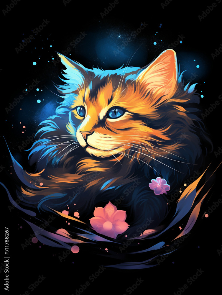 T-shirt design, a dreamy illustration of a sleeping cat, its fur made up of countless constellations and galaxies created with Generative Ai