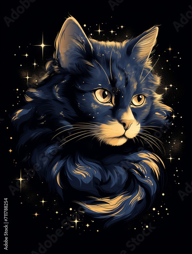 T-shirt design  a dreamy illustration of a sleeping cat  its fur made up of countless constellations and galaxies created with Generative Ai