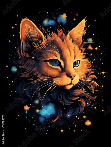 T-shirt design, a dreamy illustration of a sleeping cat, its fur made up of countless constellations and galaxies created with Generative Ai