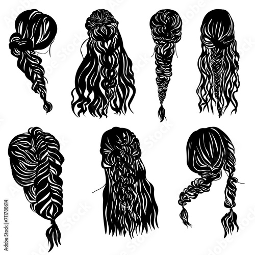 Set of silhouettes of fashionable hairstyles with braiding for long hair, voluminous braids and styling