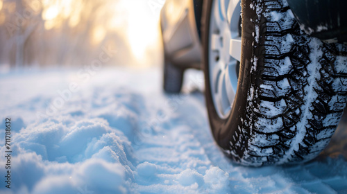 Winter tire. Detail of car tires in winter on the road covered with snow © Lansk