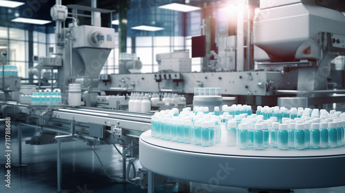 Production of pharmaceuticals, healthcare products, and cosmetics. Bottles with liquid on production line. Modern manufacturing facility. Life sciences industry, biotechnology.