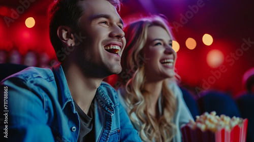 Young woman and man with popcorn watching with interest a movie in the cinema and laughing