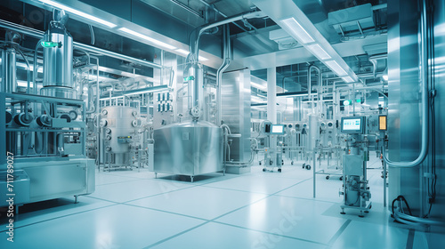Large brightly lit hall with metal tanks and lab equipment. Interior of a biopharmaceutical medicine factory. Advanced technology. photo