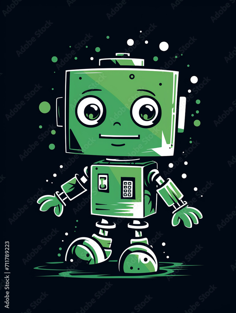 Fototapeta premium T-shirt design, Minimalist white on a green background negative space whimsical cuteness, Robot created with Generative Ai