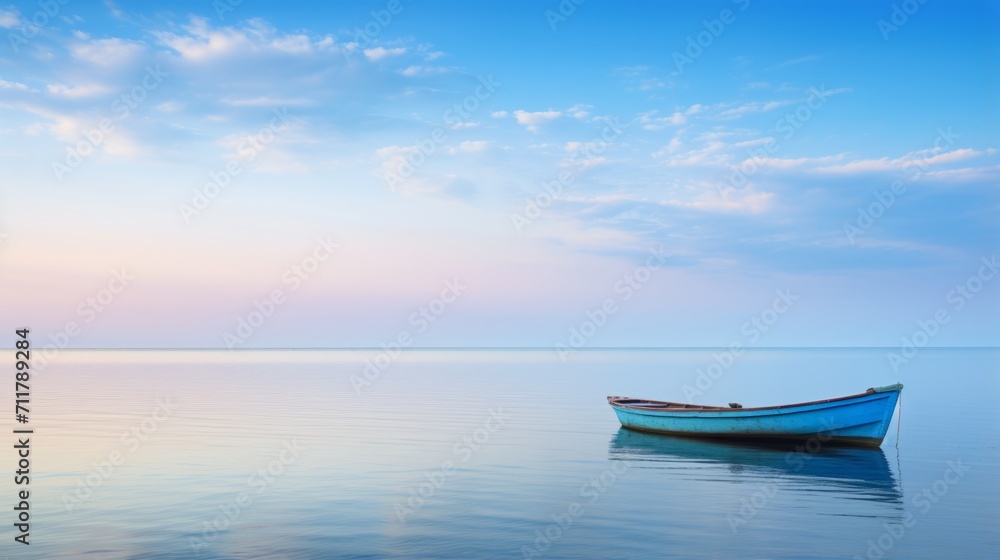 Small boat floating on top of a large body of water Small boat floating on top of a large body of water