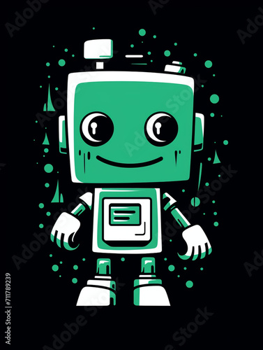 T-shirt design, Minimalist white on a green background negative space whimsical cuteness, Robot created with Generative Ai