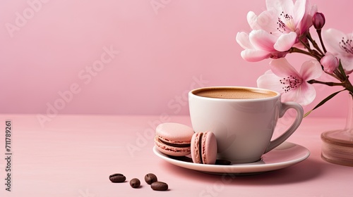a flower composition with a pink orchid, a steaming cup of coffee or hot drink, and a macaroon on a pastel pink background of Valentine's Day and Happy Women's Day.