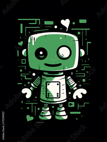 T-shirt design, Minimalist white on a green background negative space whimsical cuteness, Robot created with Generative Ai