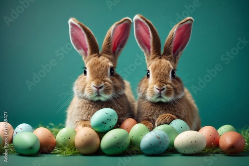 easter bunnies and eggs on green background © Artem Sitnik