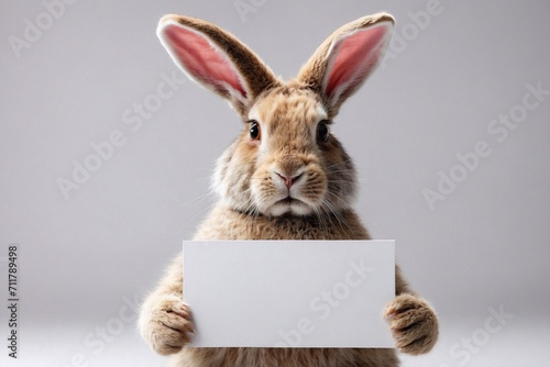bunny with blank sign on gray background