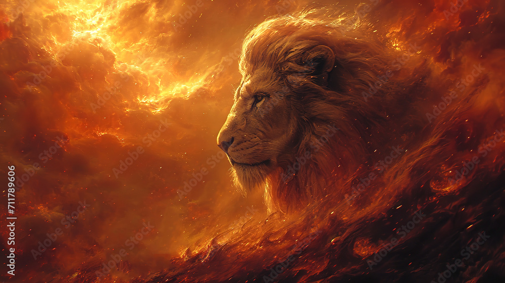 Portrait of a fire lion. AI
 - obrazy, fototapety, plakaty 